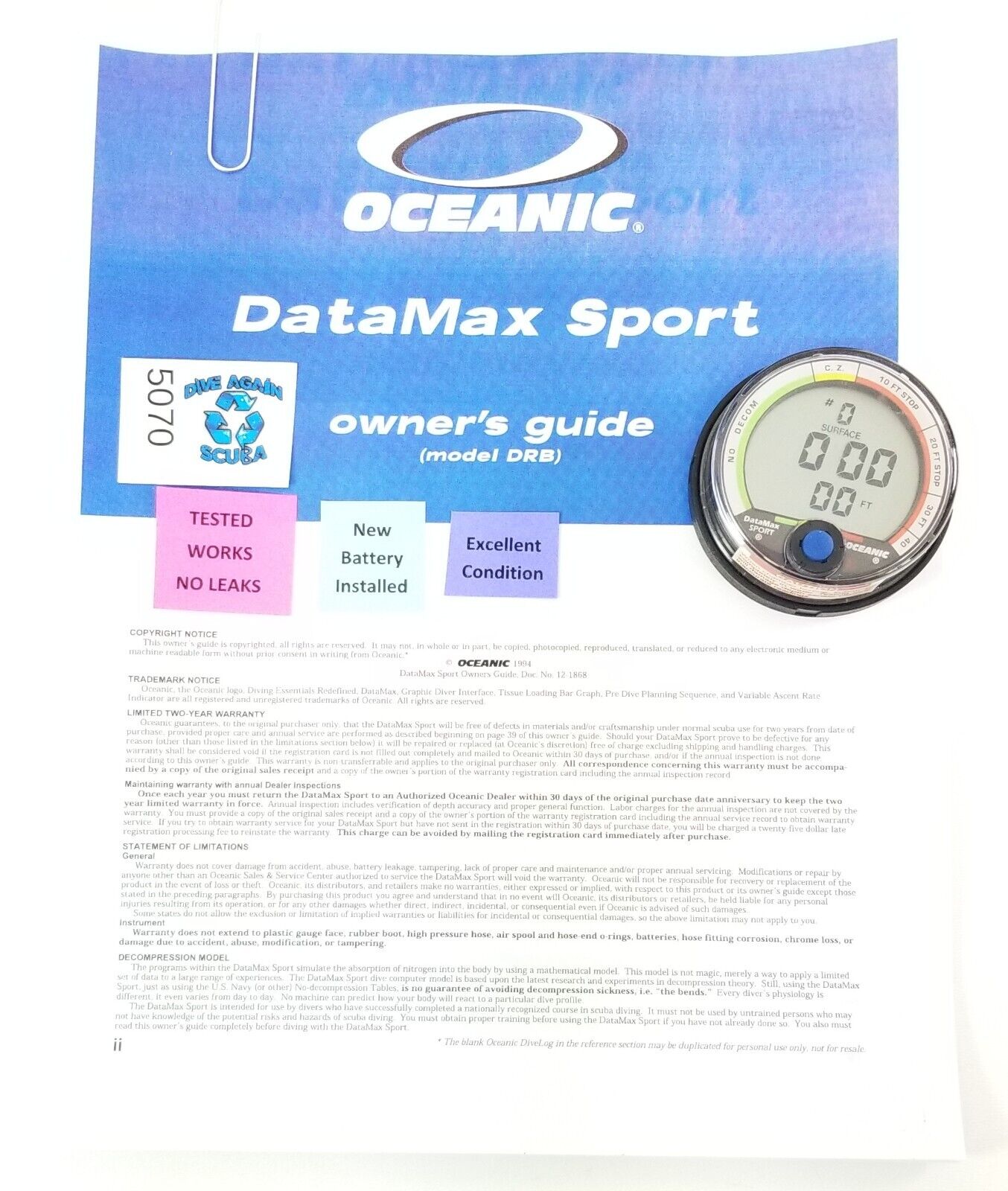 Oceanic Datamax Sport Puck Scuba Dive Computer + Manual NICE!!!            #5070