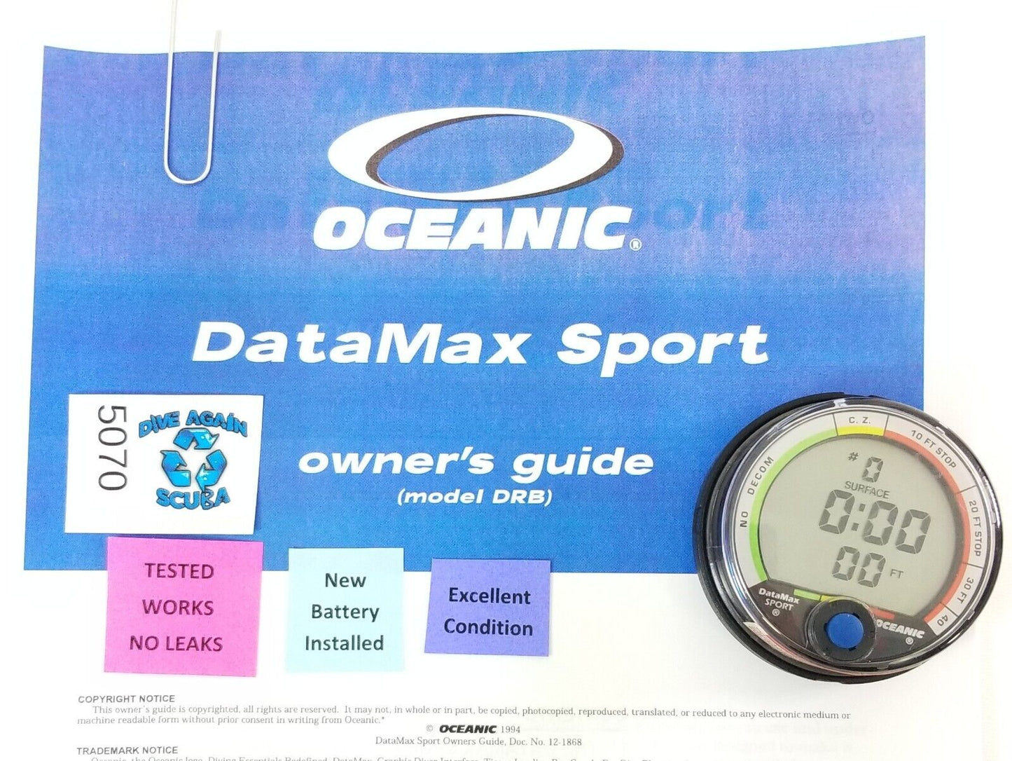 Oceanic Datamax Sport Puck Scuba Dive Computer + Manual NICE!!!            #5070