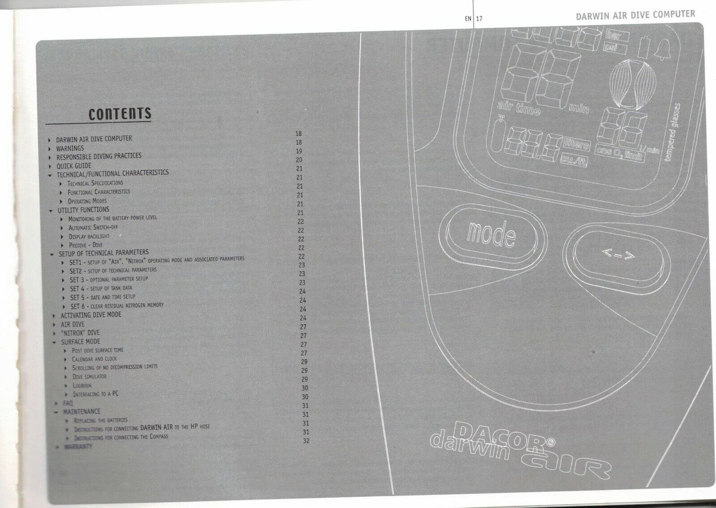 Dacor Darwin Air Scuba Dive Computer Printed Manual ENGLISH version