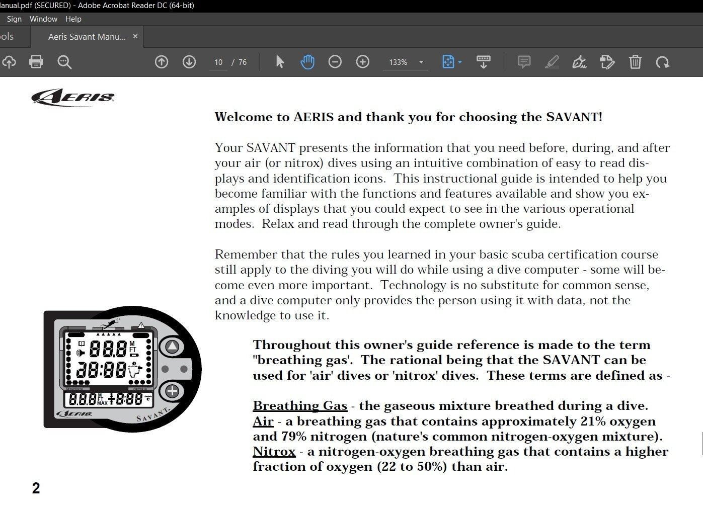 Aeris Savant Scuba Dive Computer Manual Printed 68 Pages4