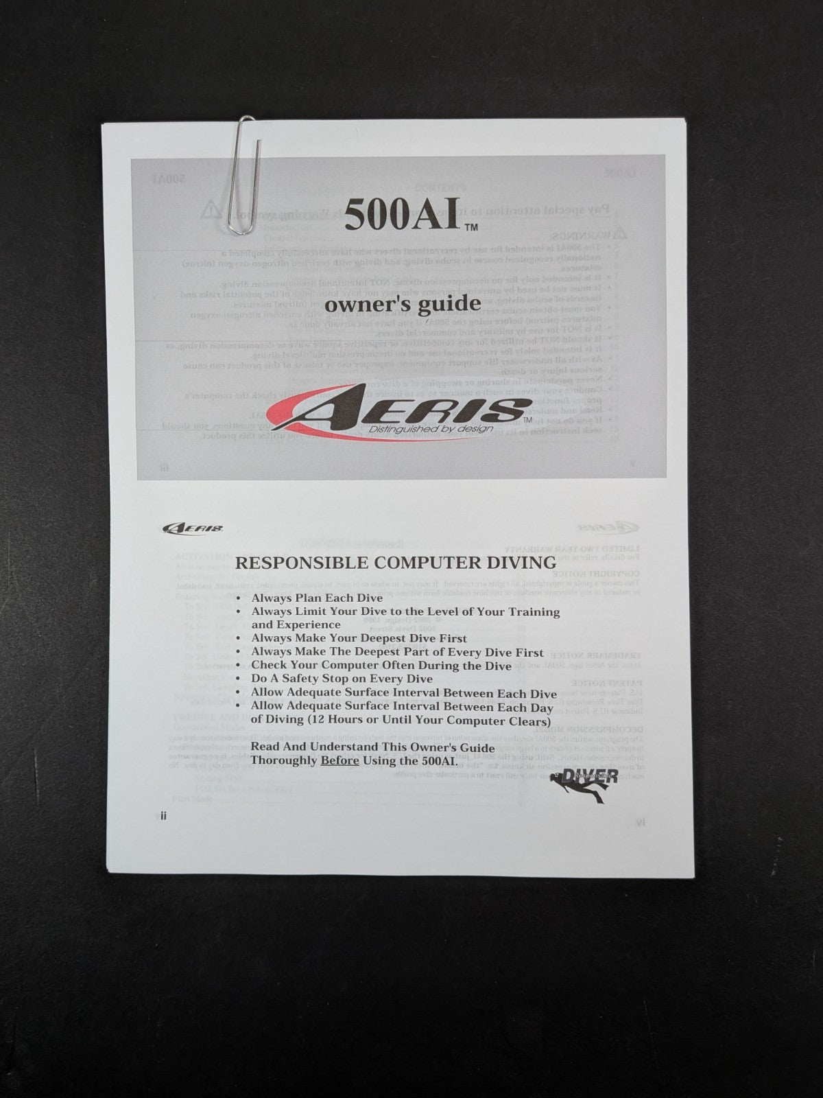 Aeris 500ai Scuba Dive Computer Operating Manual Printed 500 ai - 108pgs.0