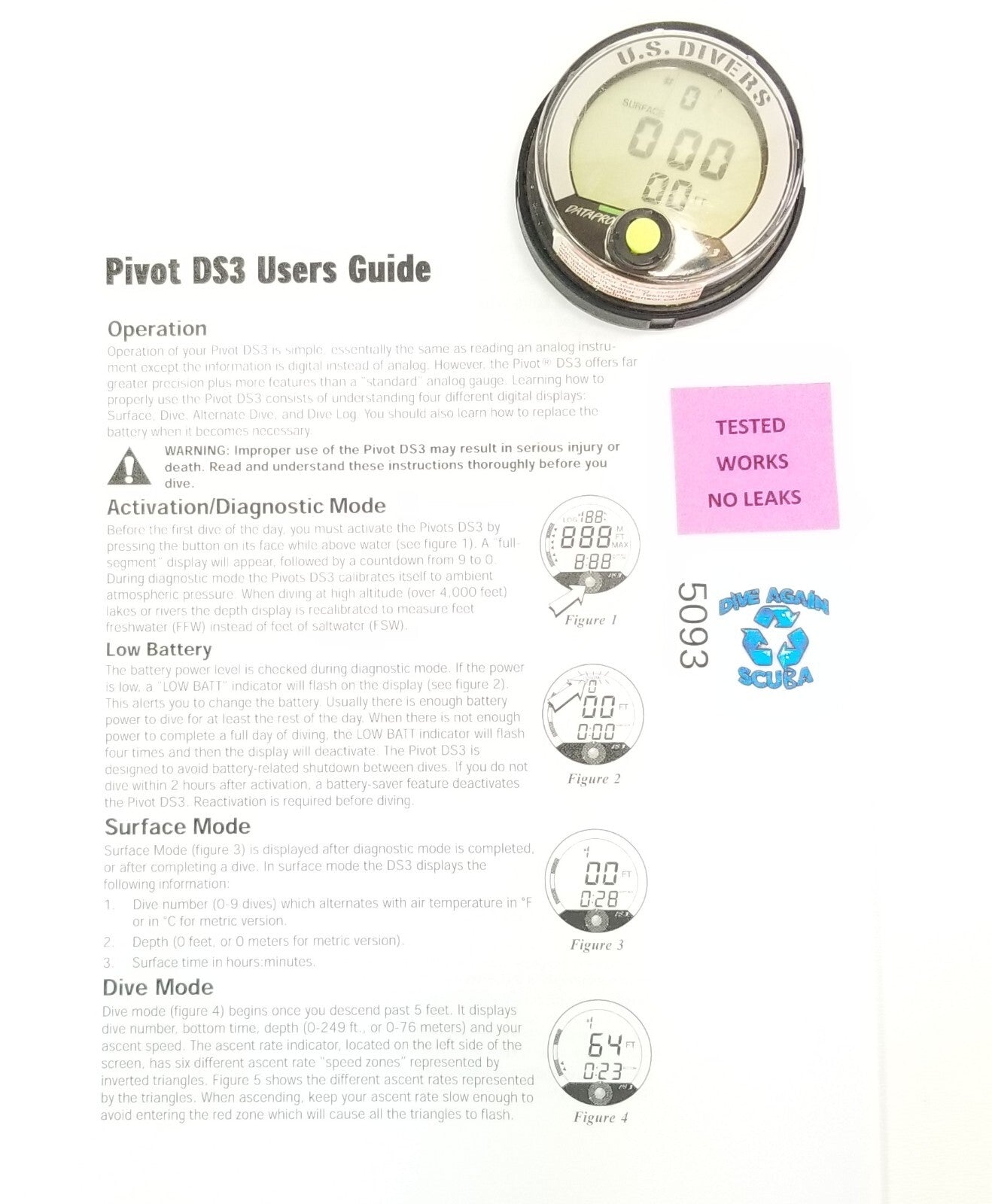 US Divers DATAPRO DS3 Digital Depth Gauge Scuba Computer Puck Bottom Timer0