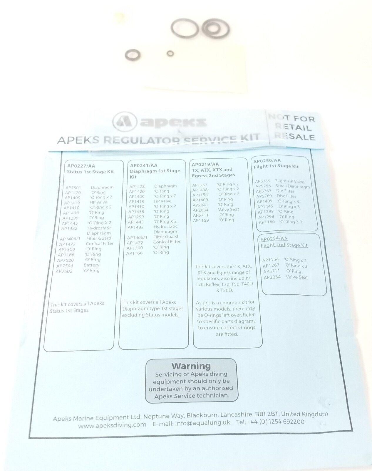 Apeks Flight Service / Rebuild Kit 2nd Stage Scuba Dive Regulator AQA AP0254