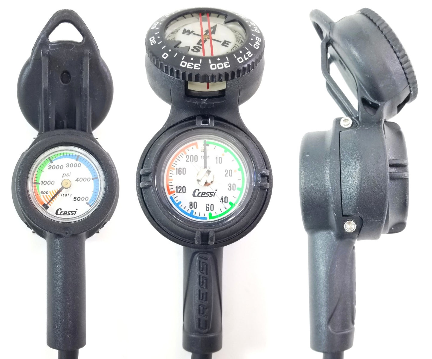 Cressi Compact 3 Gauge Console 5000 PSI, SPG, 250 Depth Gauge Compass Scuba Dive0