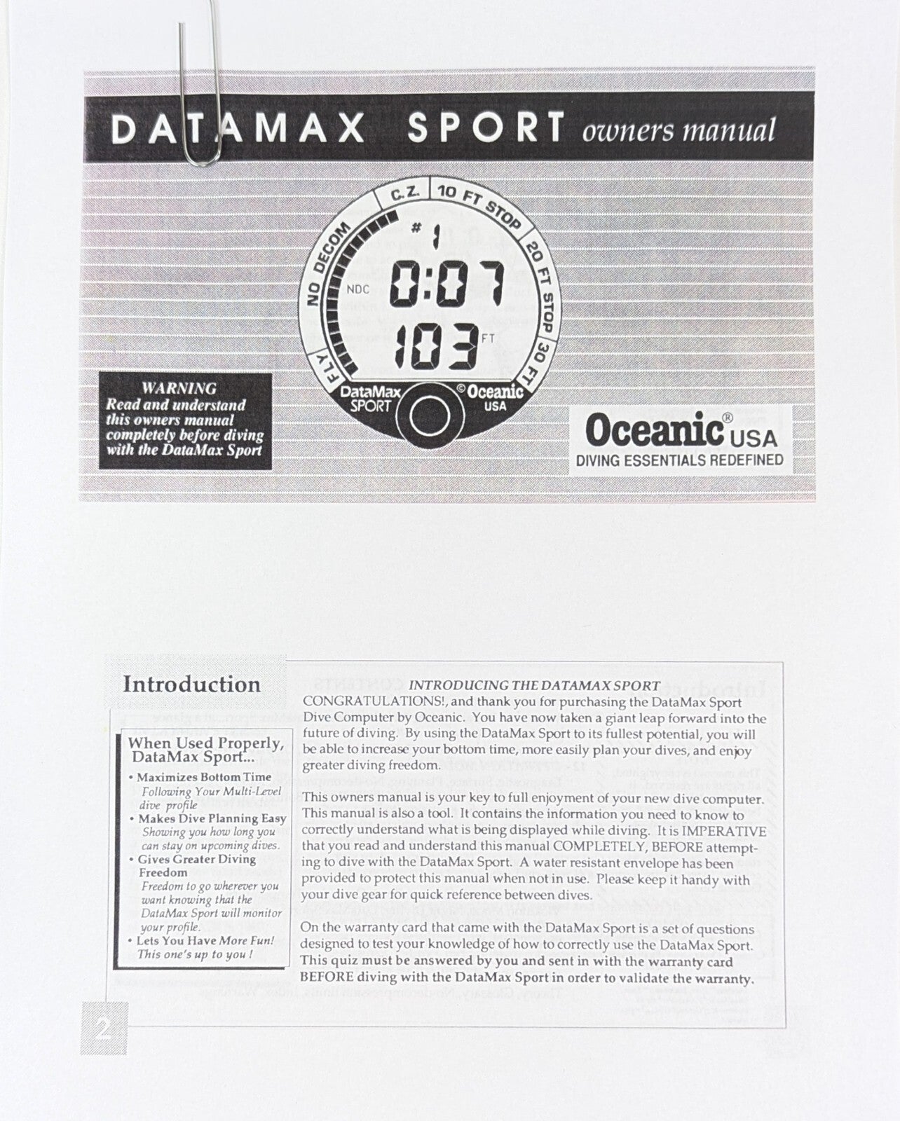 Oceanic Datamax Sport (Black Button) Dive Computer Manual Printed  51 Pages2