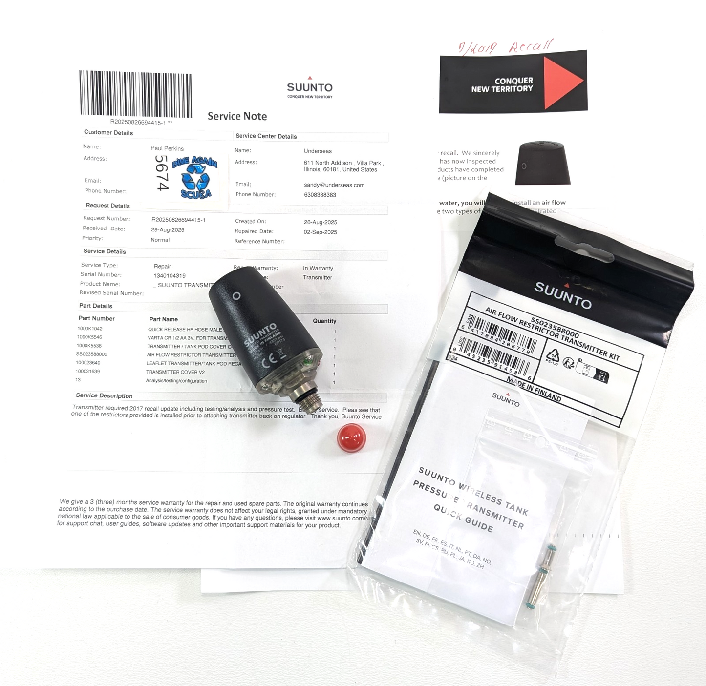 SUUNTO WIRELESS TANK PRESSURE TRANSMITTER Hoseless Scuba Dive Computer Serviced0