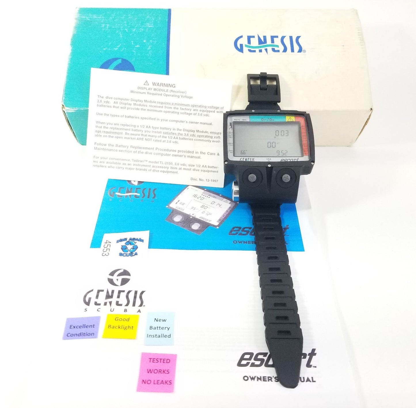 Genesis Escort Wireless / Hoseless Scuba Dive Wrist Computer with Manual 3 Dives2