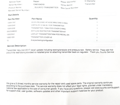 SUUNTO WIRELESS TANK PRESSURE TRANSMITTER Hoseless Scuba Dive Computer Serviced5