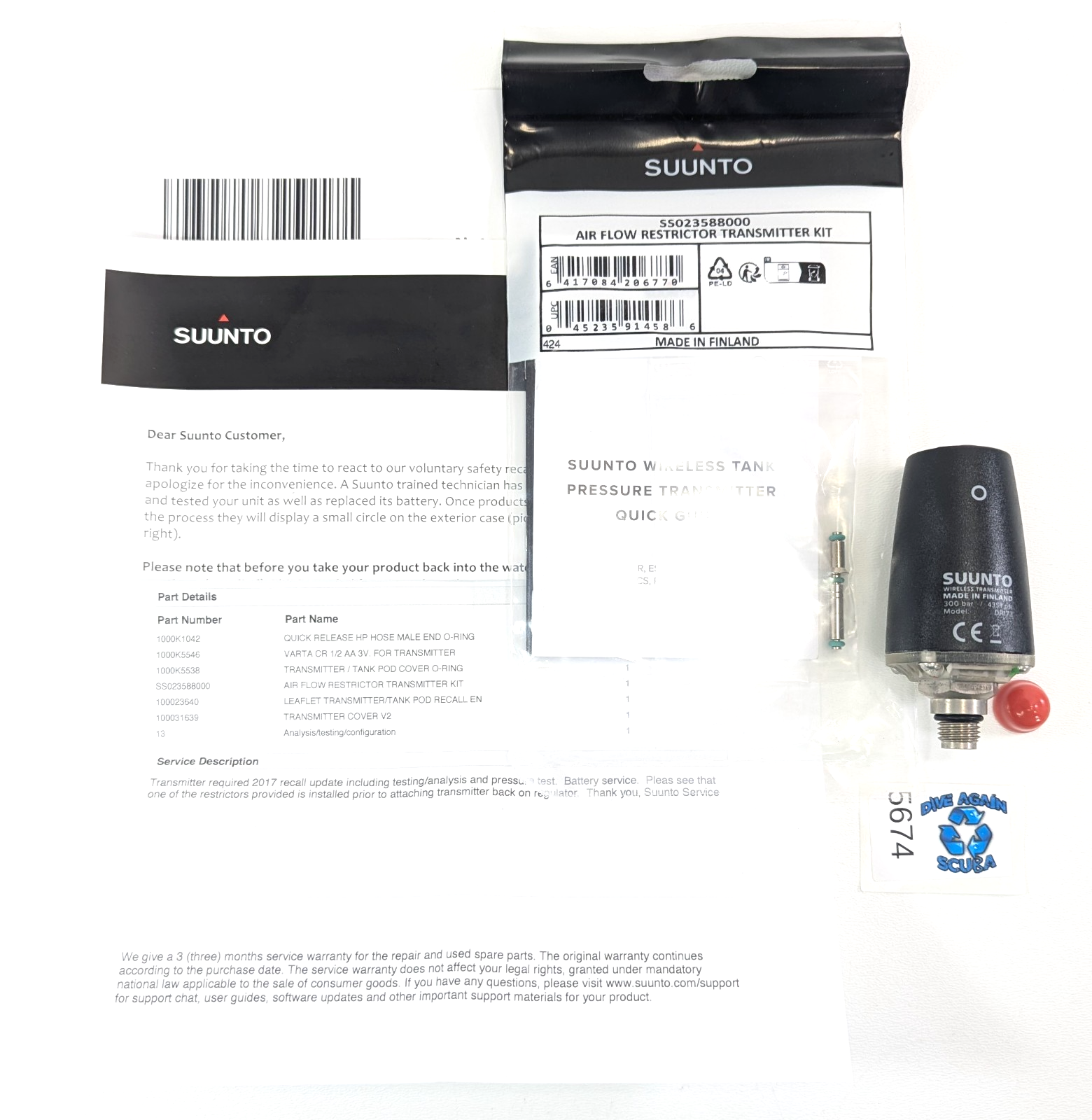 SUUNTO WIRELESS TANK PRESSURE TRANSMITTER Hoseless Scuba Dive Computer Serviced4