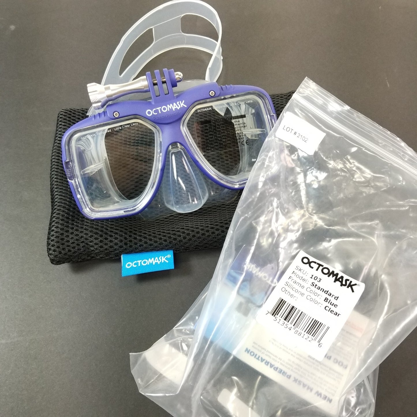 NEW Octomask Standard Scuba Diving Mask GoPro Hero Camera Mount Blue / Clear3