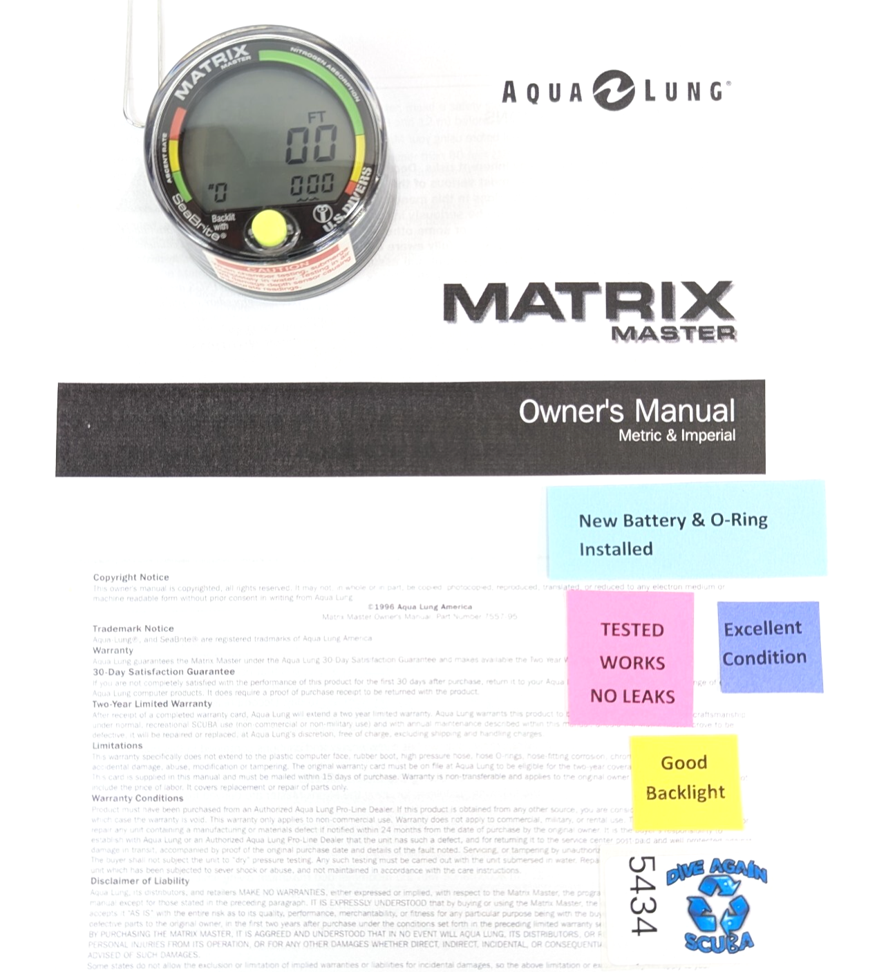 US Divers / Aqua Lung Matrix Master, Backlight, Scuba Dive Diving Computer Puck0