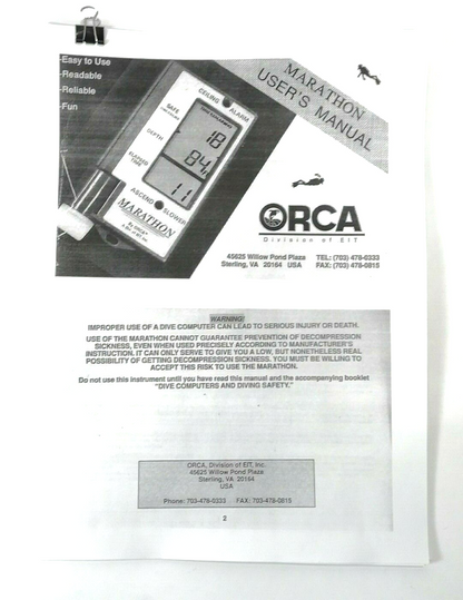 Orca Marathon, Skinny Dipper, Mark II Scuba Dive Computer Printed Manual