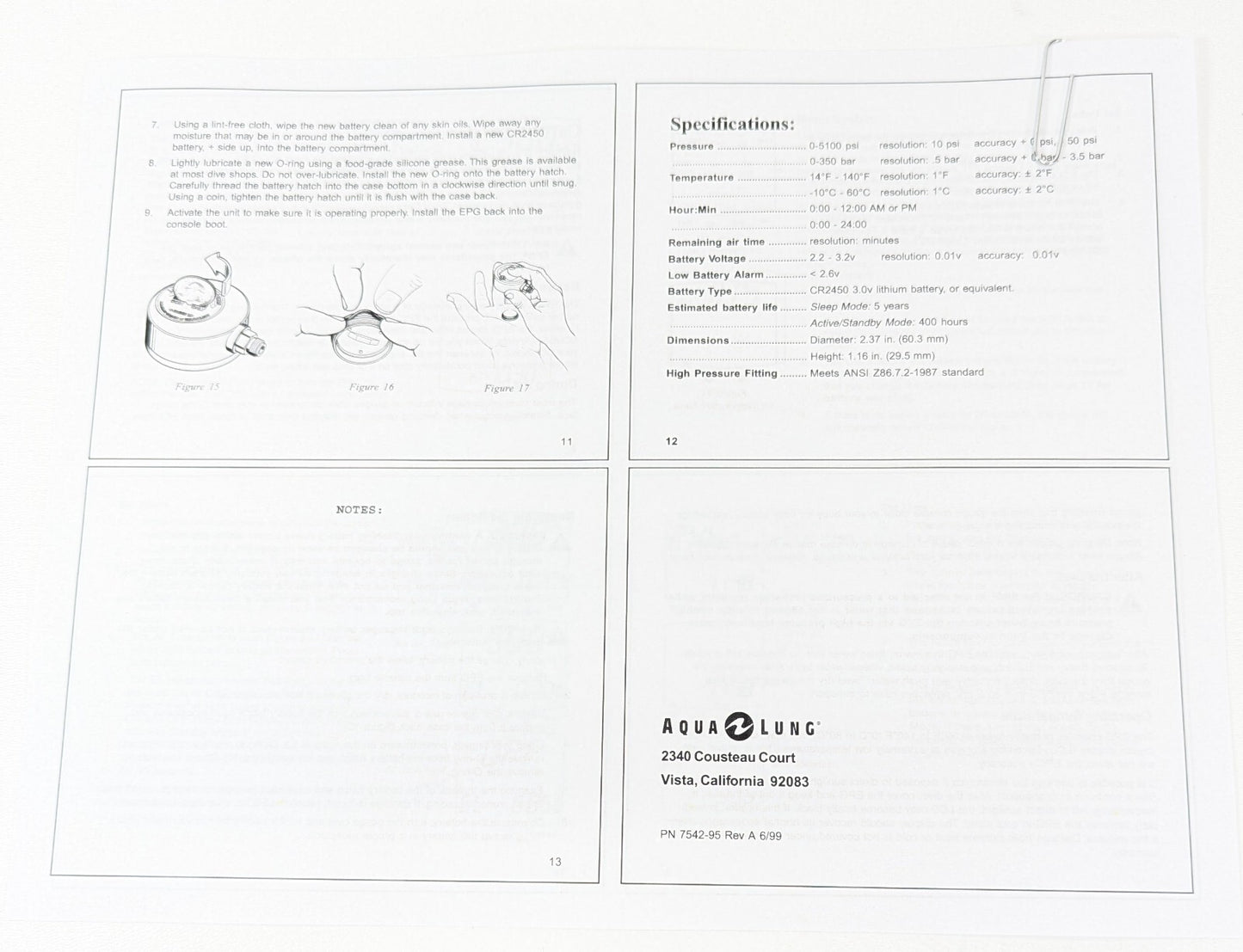 Aqua Lung EPG Digital Electronic Pressure Gauge Scuba Dive Printed Manual3