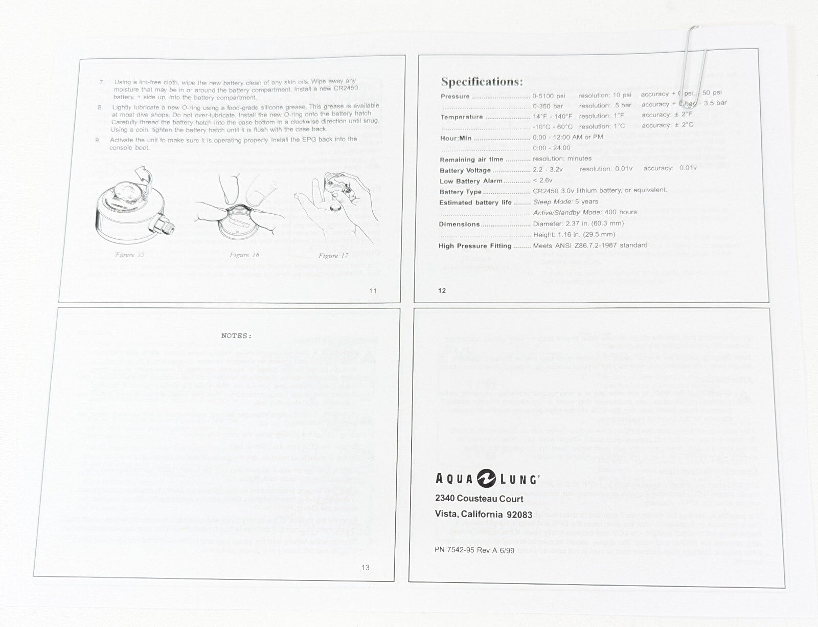 Aqua Lung EPG Digital Electronic Pressure Gauge Scuba Dive Printed Manual3