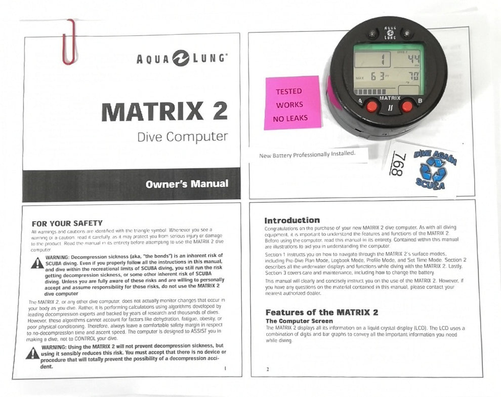 Aqua Lung Matrix 2 Scuba Dive Diving Computer Puck Module with Manual ...