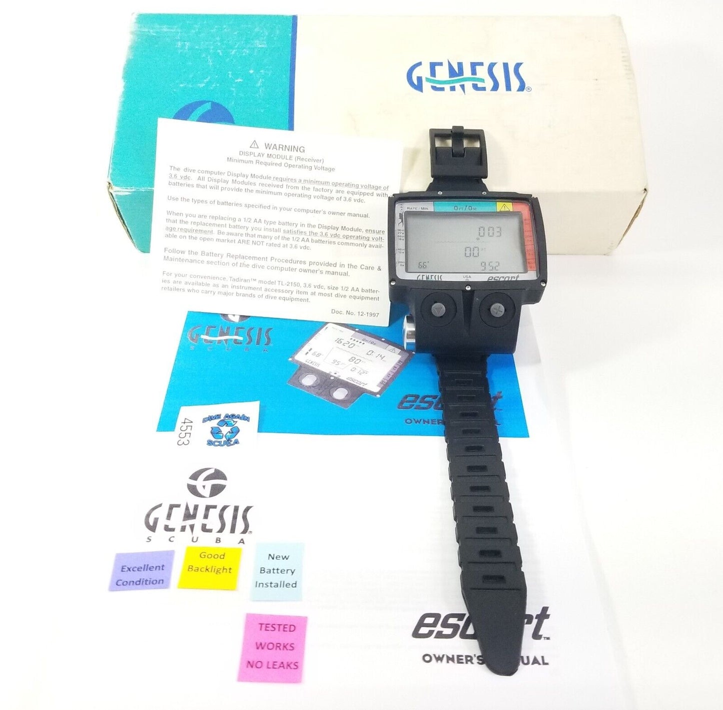 Genesis Escort Wireless / Hoseless Scuba Dive Wrist Computer with Manual 3 Dives