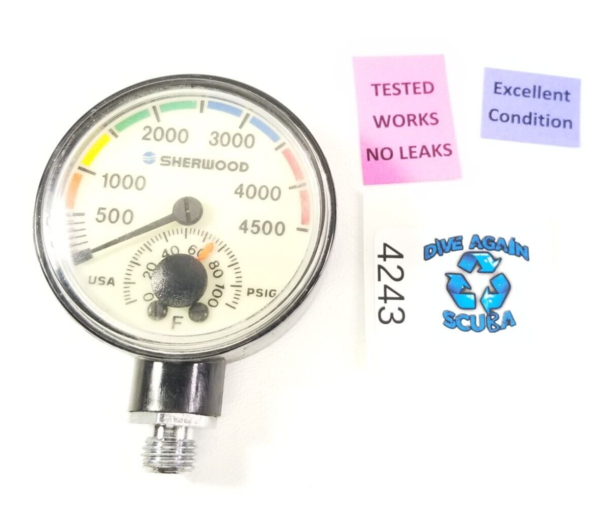 Sherwood 4500 PSI SPG Submersible Scuba Pressure Gauge w Thermometer       #4243