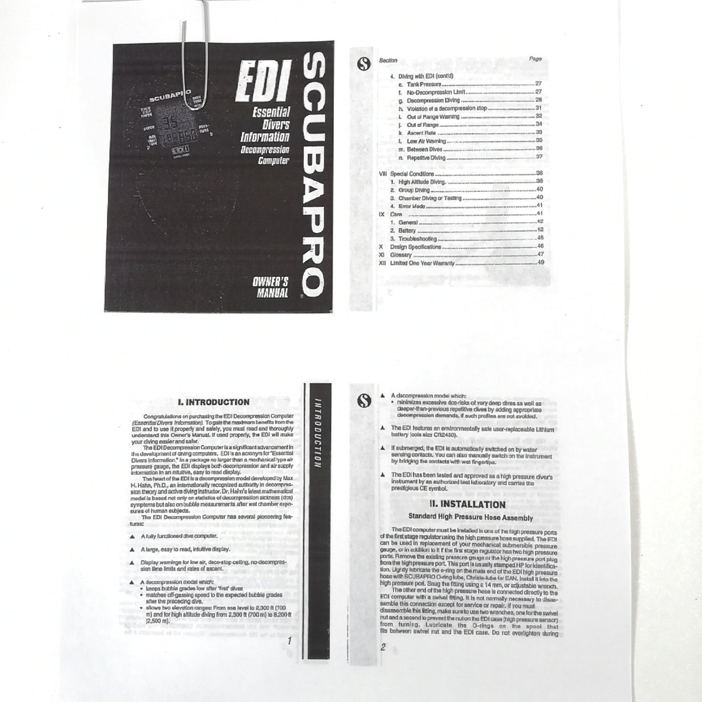 Scubapro EDI 51 Page Scuba Dive Computer Printed Manual1