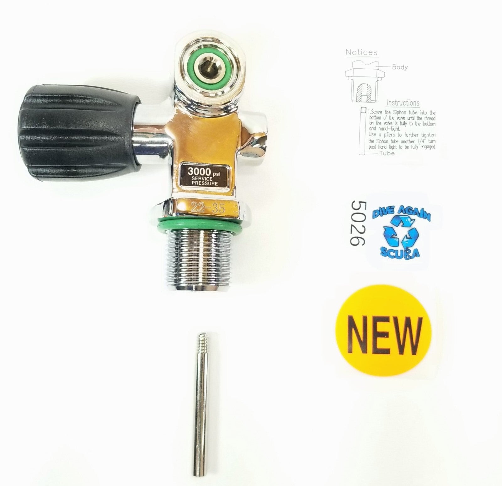 Oxygen, O2, Nitrox Scuba Diving 3000 PSI 230 Bar Pro Tank Valve DIN / Yoke 3/4"10