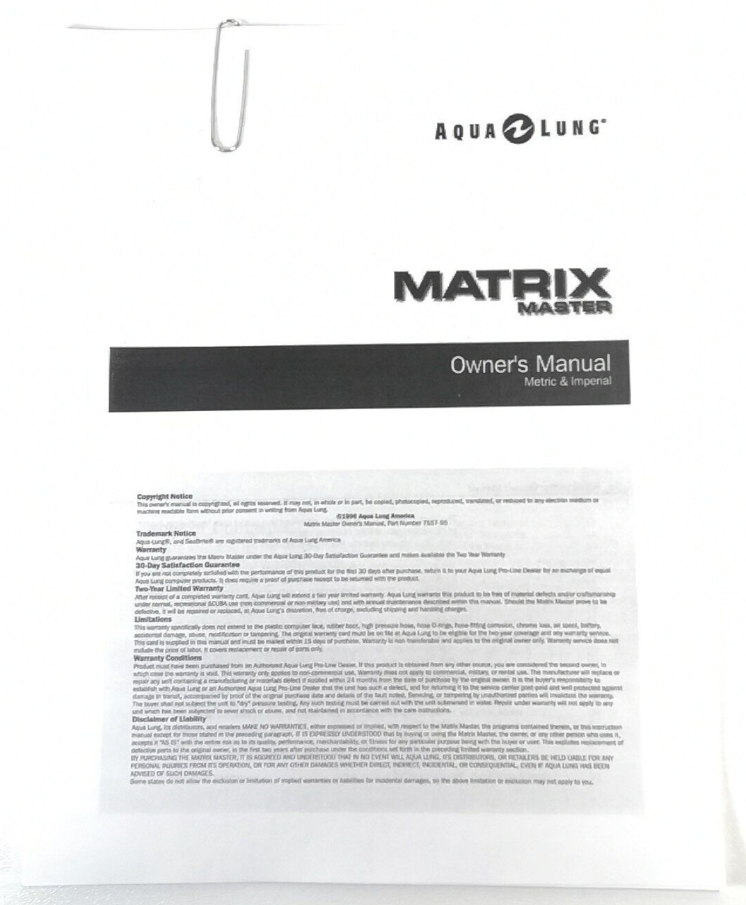 US Divers / Aqua Lung Matrix MASTER Scuba Dive Computer Printed Manual SeaBrite3