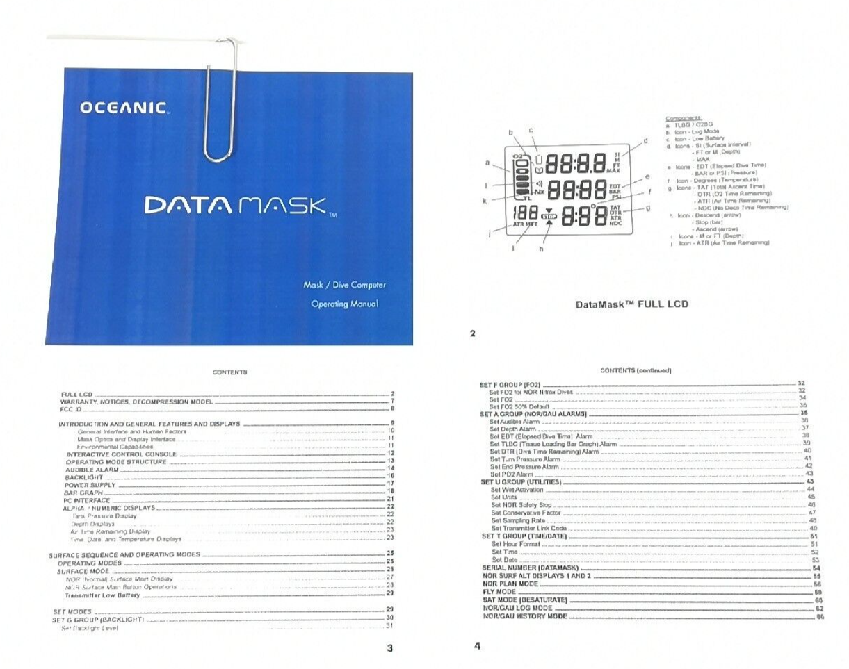 Oceanic DataMask Scuba Dive Wireless Computer Operating Manual Printed Data Mask1