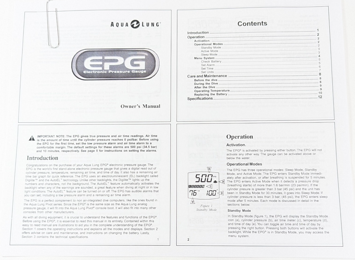 Aqua Lung EPG Digital Electronic Pressure Gauge Scuba Dive Printed Manual1