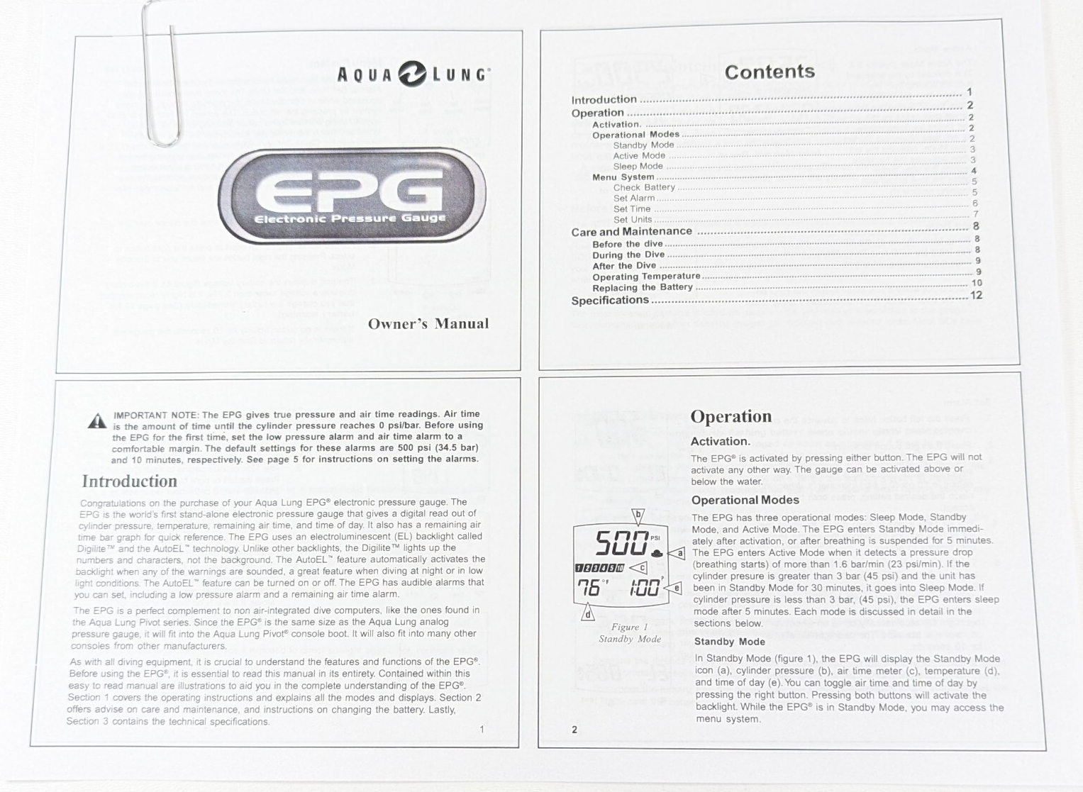 Aqua Lung EPG Digital Electronic Pressure Gauge Scuba Dive Printed Manual1