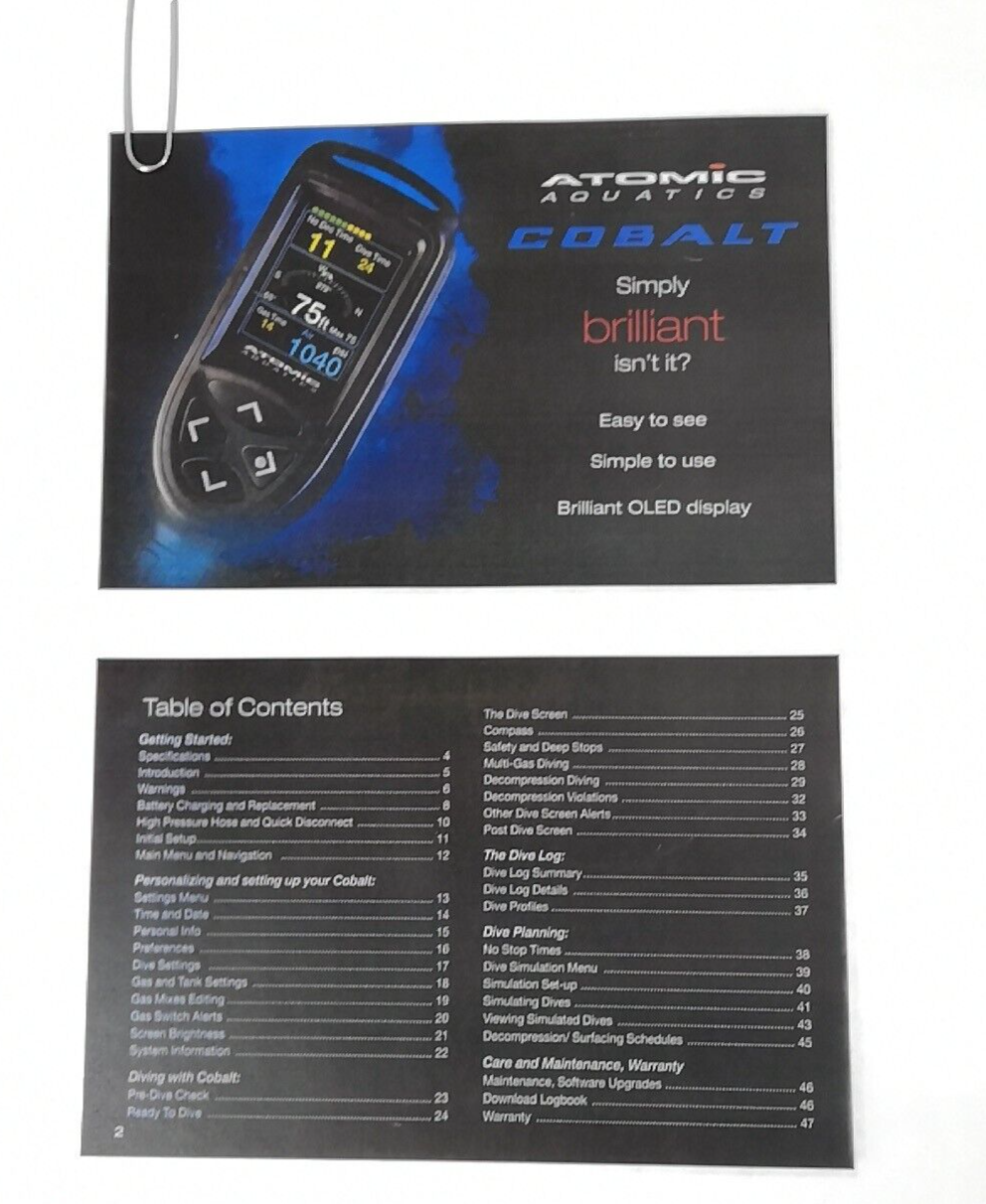 Atomic Cobalt 1 Scuba Dive Computer Instruction Owners Manual Printed Full Color1