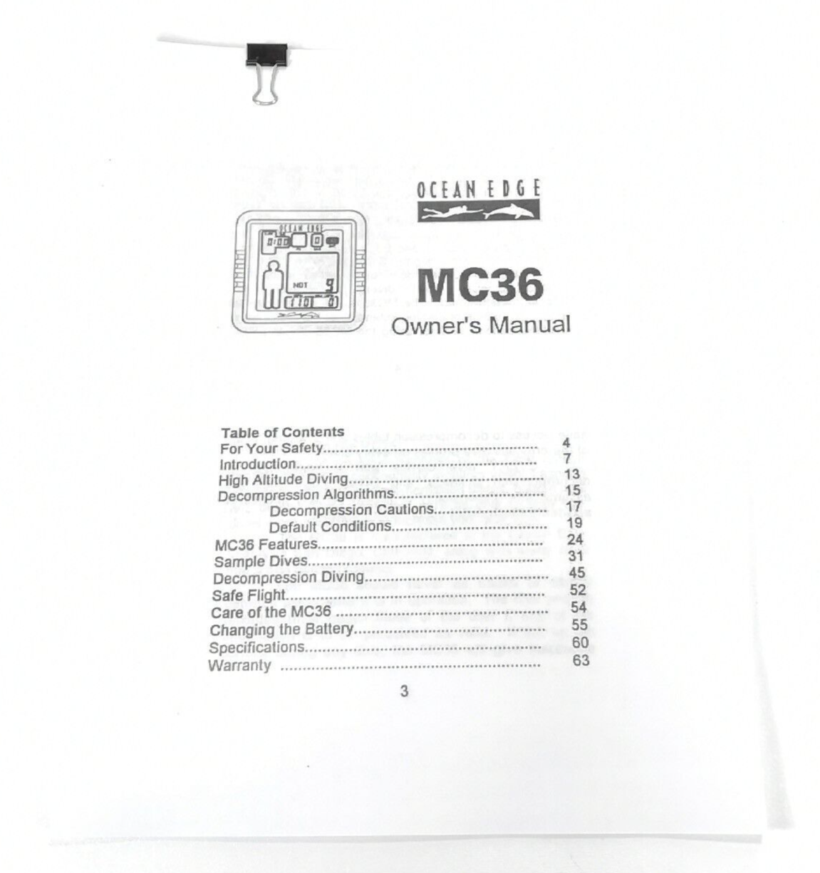 Ocean Edge MC36 Scuba Dive Computer Printed Owner's Manual3