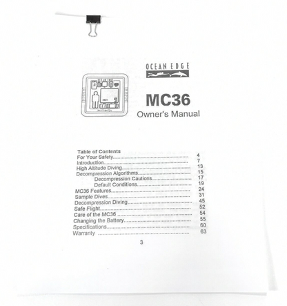 Ocean Edge MC36 Scuba Dive Computer Printed Owner's Manual3
