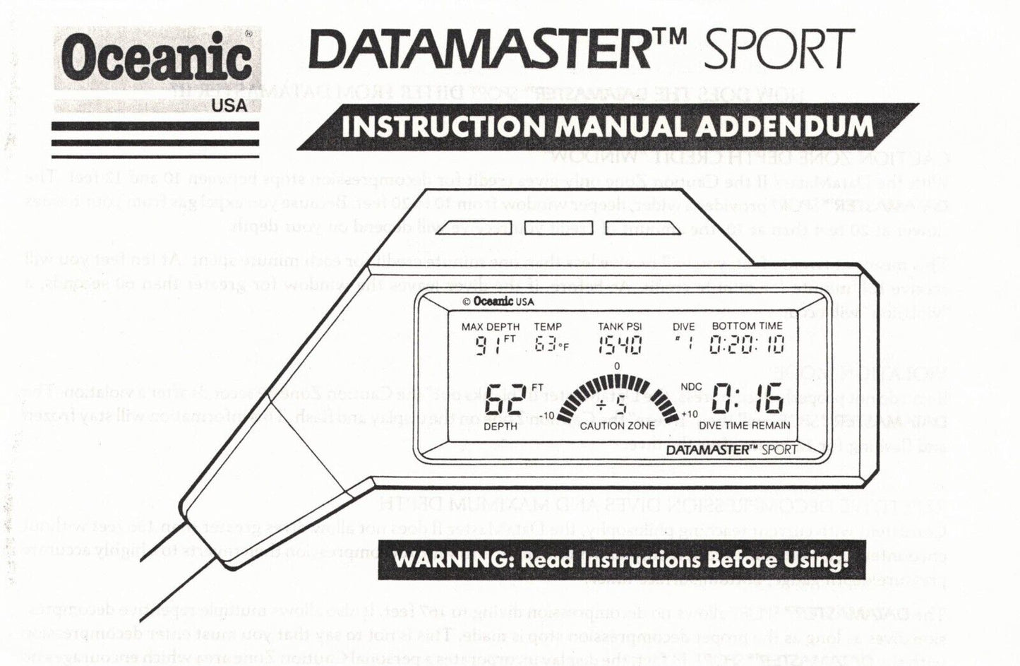 Oceanic DataMaster Sport Scuba Dive Computer Printed Manual