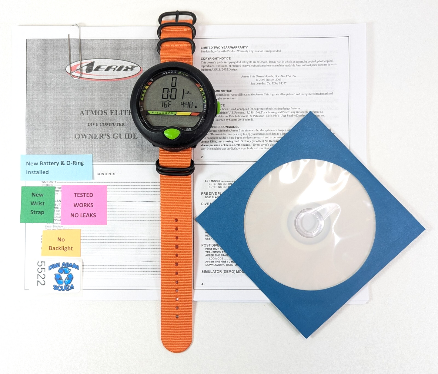 Aeris Atmos Elite Wrist Wireless Hoseless Nitrox Scuba Dive Computer Orange 52220