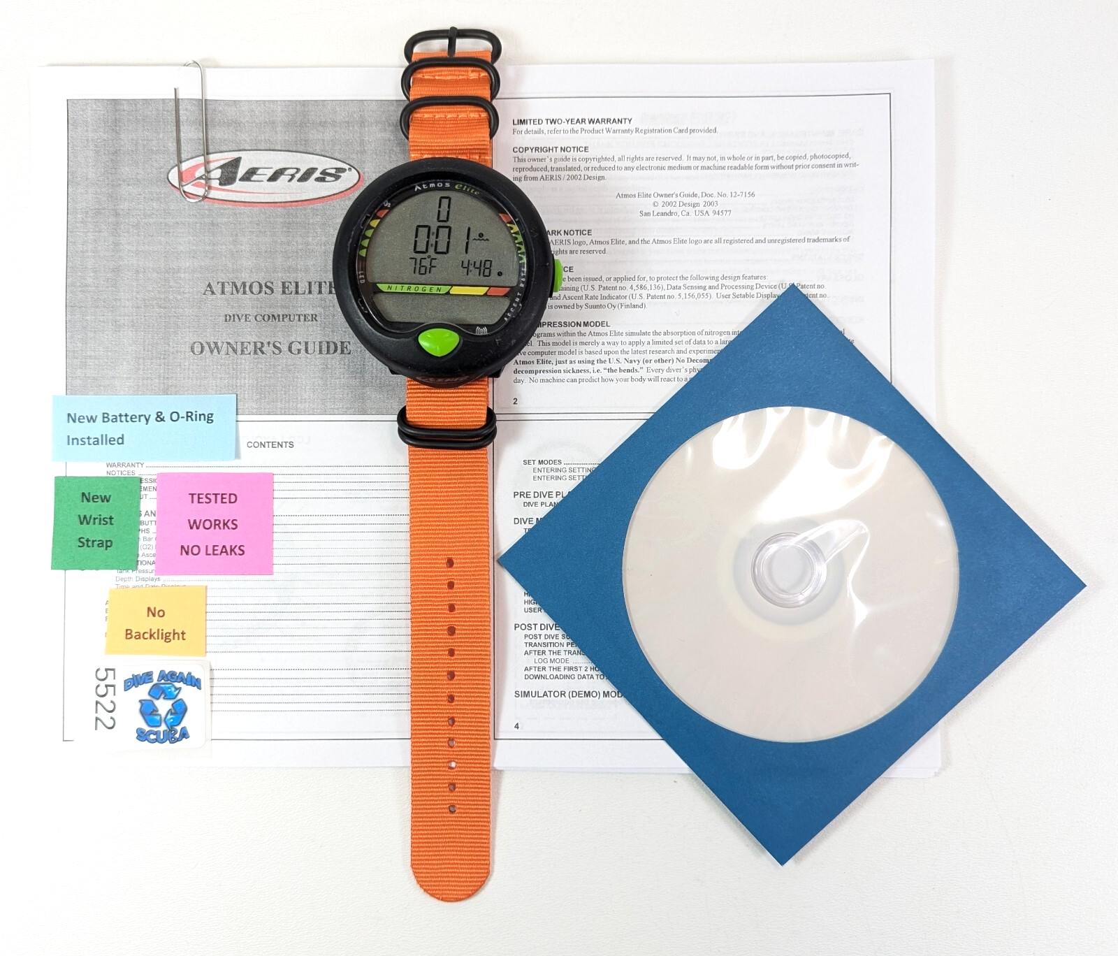 Aeris Atmos Elite Wrist Wireless Hoseless Nitrox Scuba Dive Computer Orange 52220