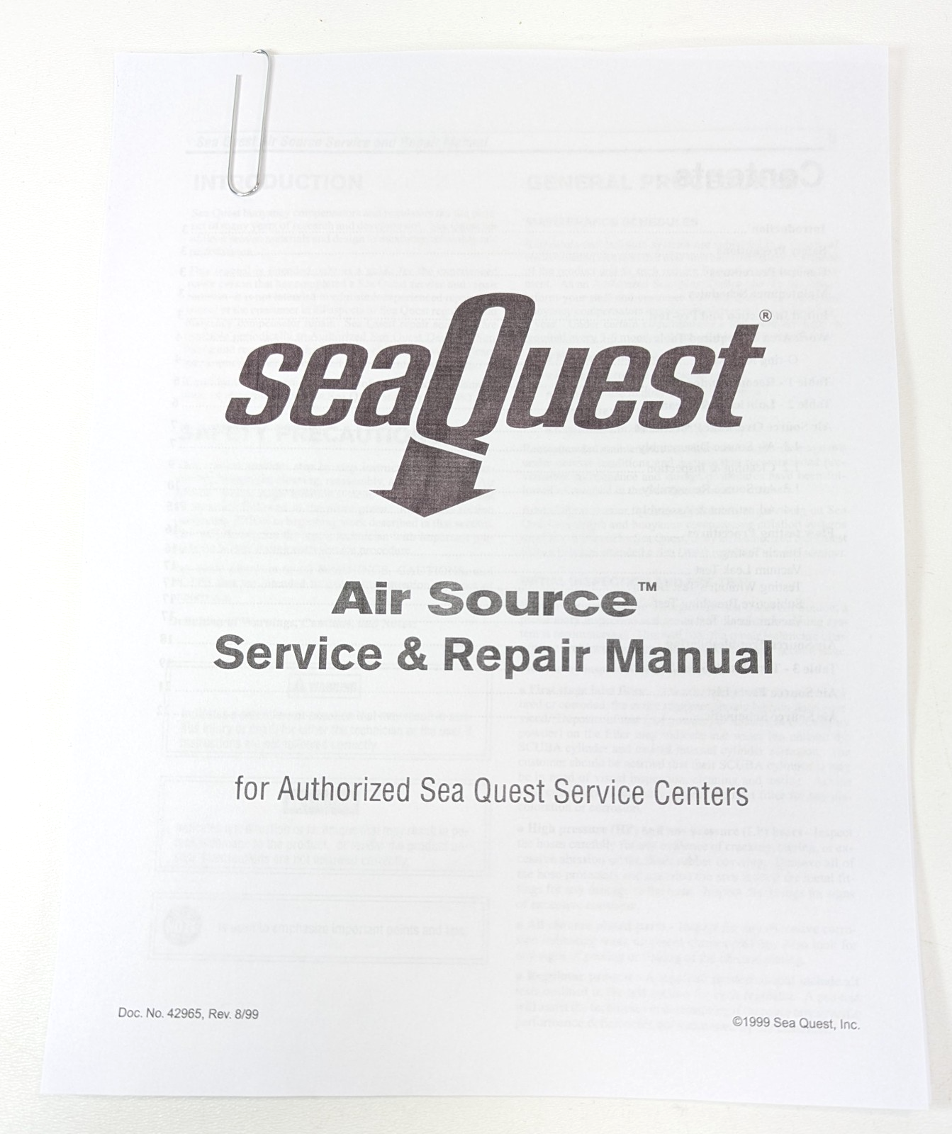 SeaQuest Air Source Service & Repair Manual Printed 22 Page Scuba Dive Aqua Lung1
