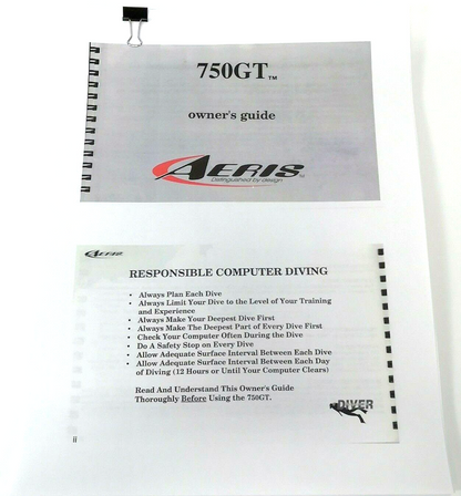 Aeris 750GT Scuba Dive Computer Manual Printed 750 GT