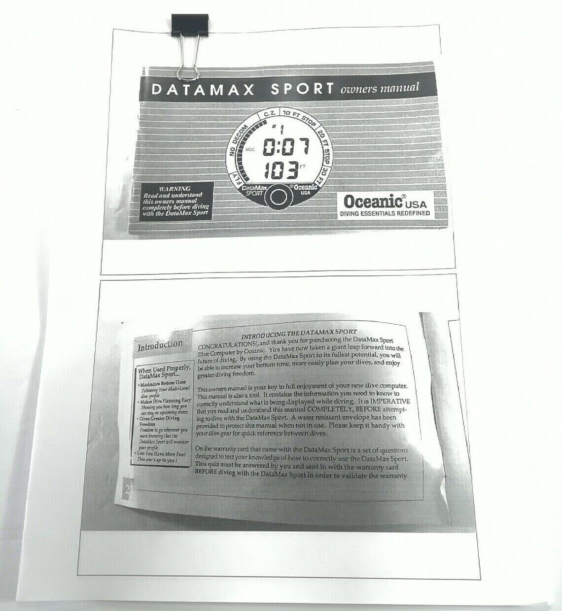 Oceanic Datamax Sport Dive Computer Manual Printed