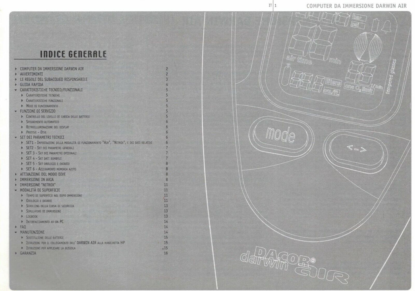 ITALIAN  Version Dacor Darwin Air Scuba Dive Computer Printed Manual