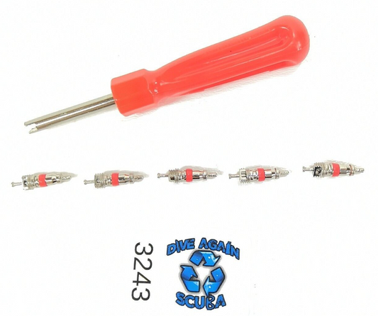 Scuba Dive BC BCD Inflator Hose Schrader Valve Stem Screwdriver Tool + 5X Valves