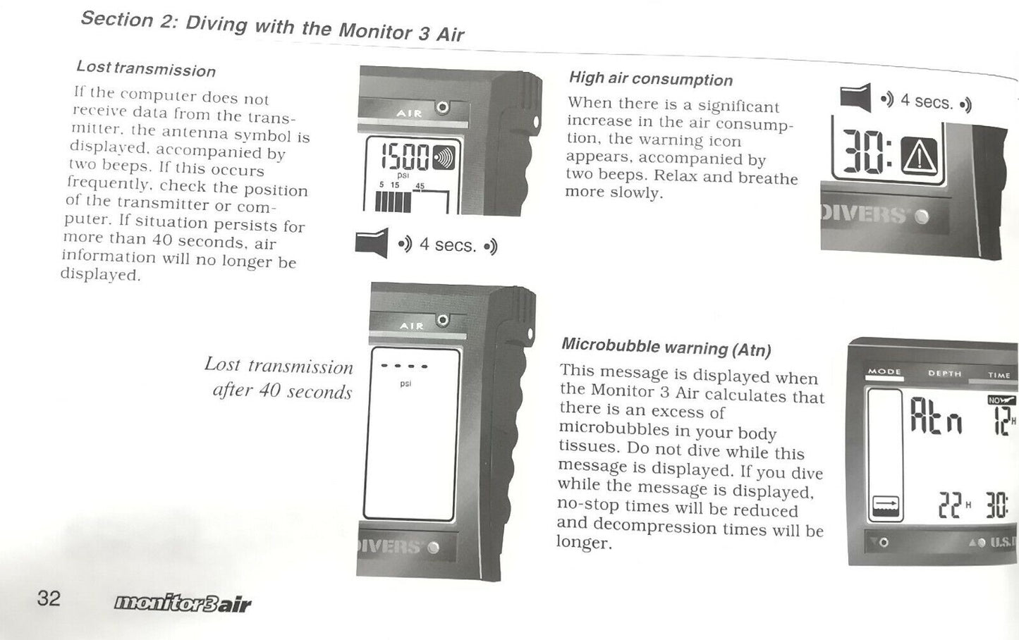 US Divers / Aqua Lung Monitor 3 Air Scuba Dive Computer Printed Owner's Manual