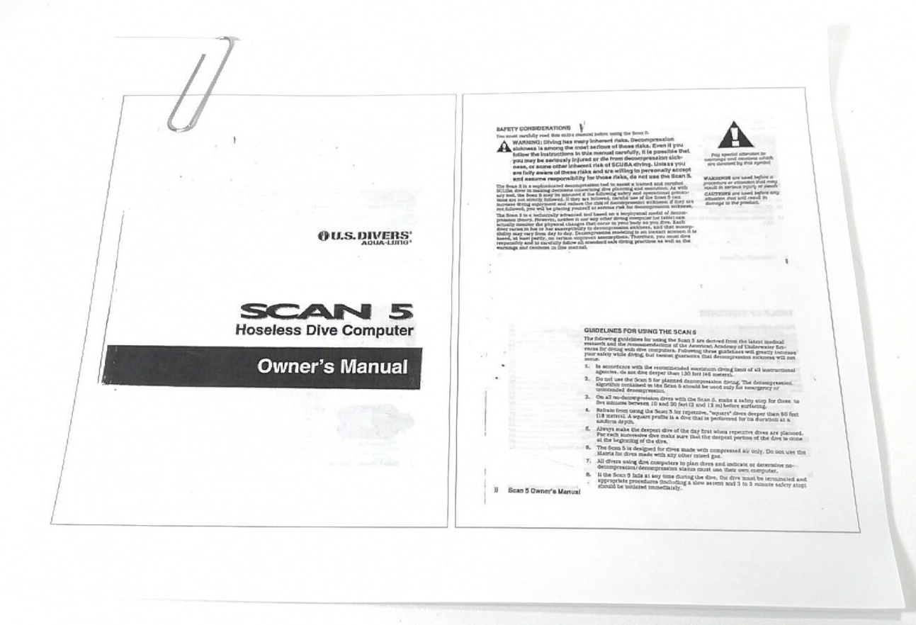 US Divers / Aqua Lung Scan 5 Scuba Dive Computer Owner's Printed Manual