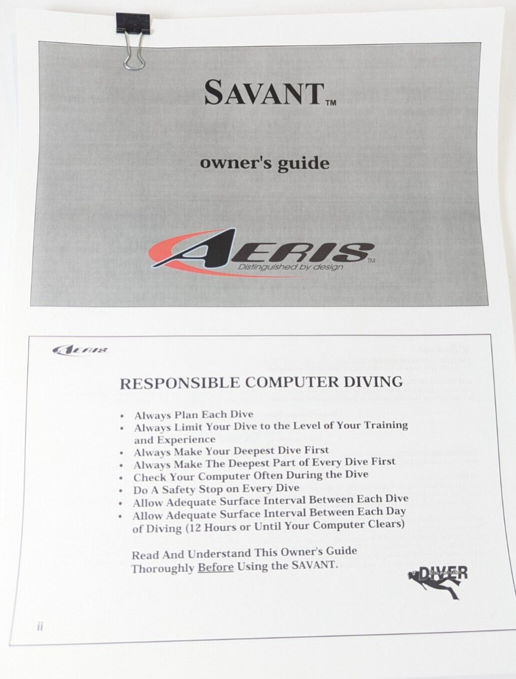 Aeris Savant Scuba Dive Computer Manual Printed 68 Pages