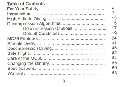 Ocean Edge MC36 Scuba Dive Computer Printed Owner's Manual