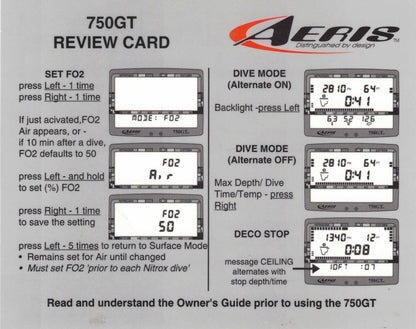 Aeris 750GT Scuba Dive Computer Manual Printed 750 GT