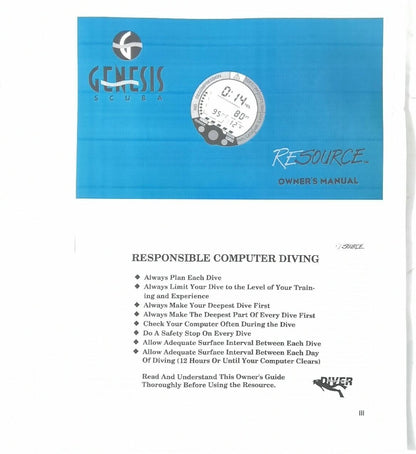 Genesis Resource Scuba Dive Computer Printed Manual