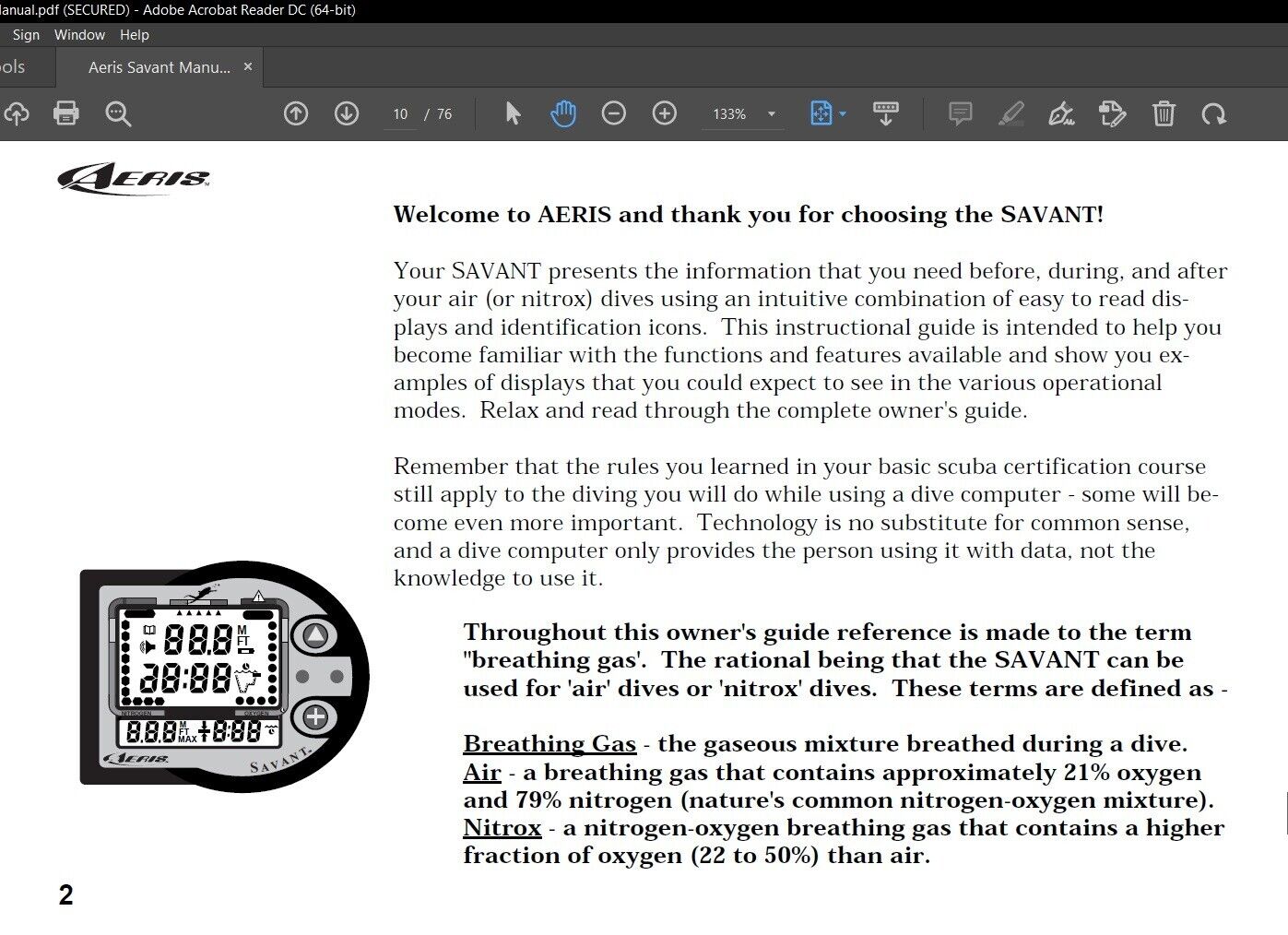 Aeris Savant Scuba Dive Computer Manual Printed 68 Pages