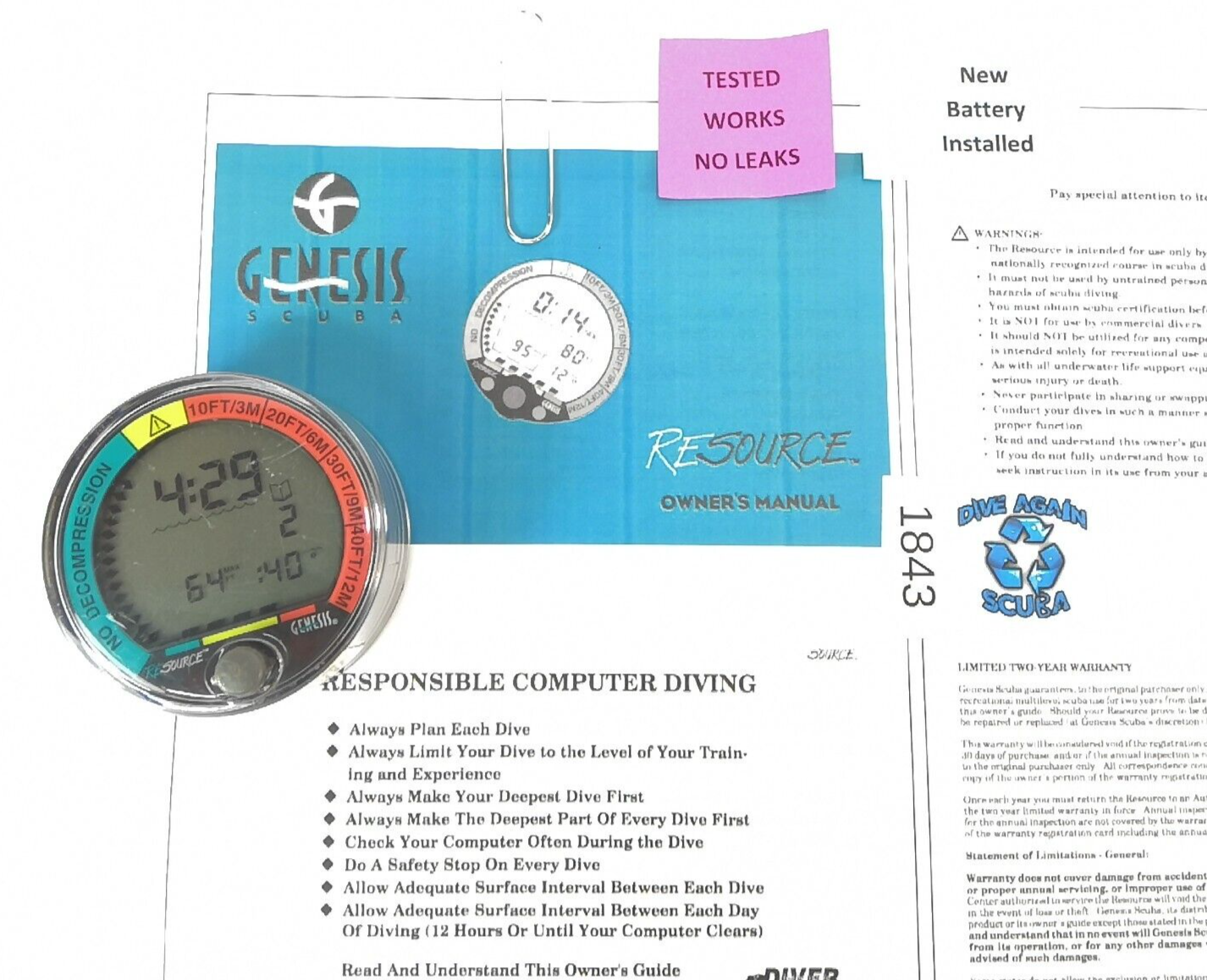 Genesis Sherwood Resource Puck Scuba Dive Diving Computer Module The Source 1843