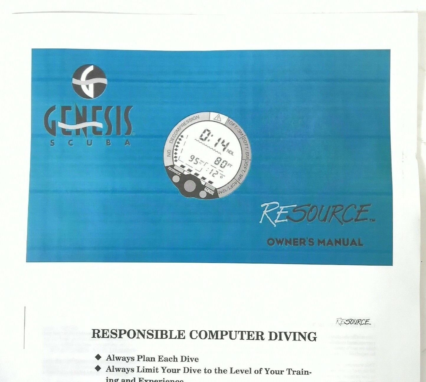 Genesis Resource Scuba Dive Computer Printed Manual