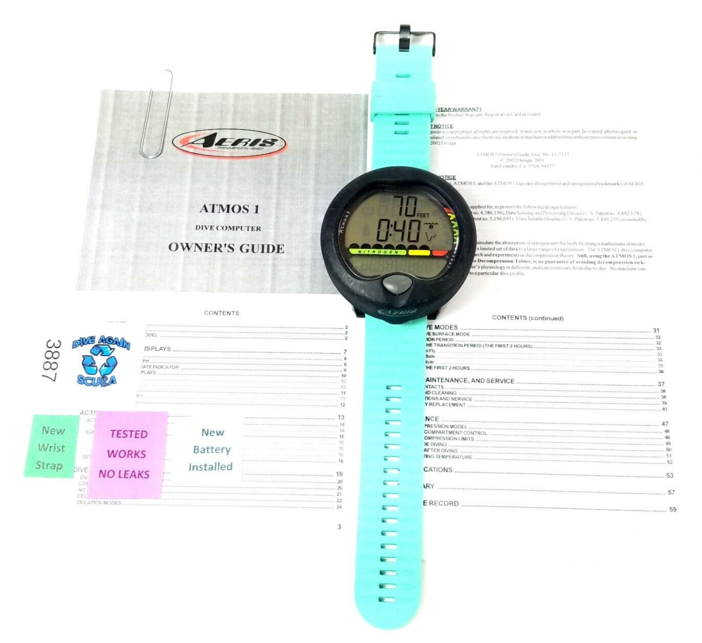 Aeris Atmos1 Air Scuba Dive Wrist Computer Atmos 1 + Manual & Blue Strap #3887