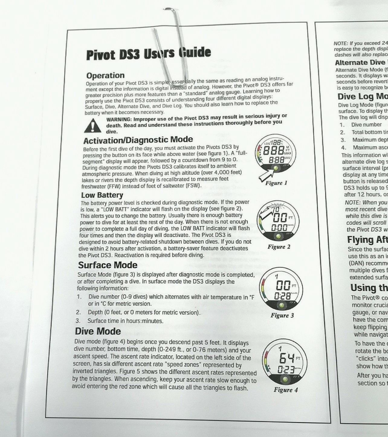 Printed Manual Aqua Lung US Divers Pivot DS3 Bottom Timer Scuba Dive Computer