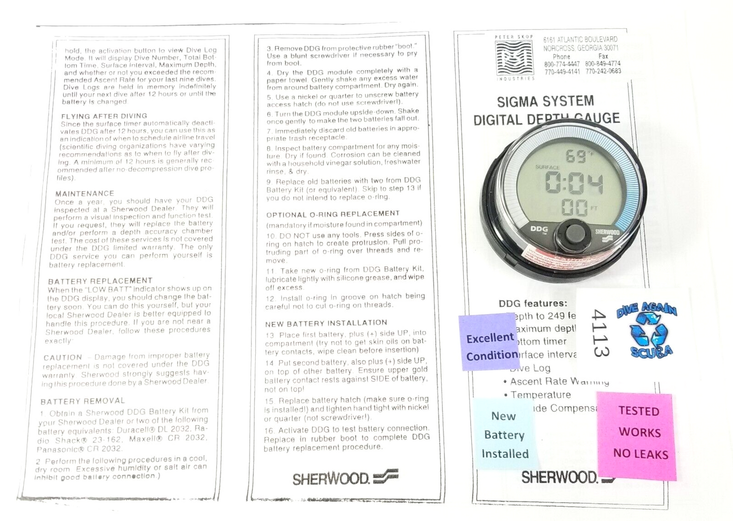 Sherwood Scuba DDG Digital Depth Gauge Diving Computer Puck  Module Bottom Timer